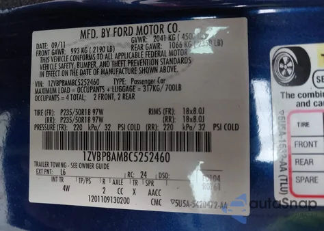 2012 Ford Mustang V6 Premium из США, поврежденный, VIN 1ZVBP8AM8C5252460